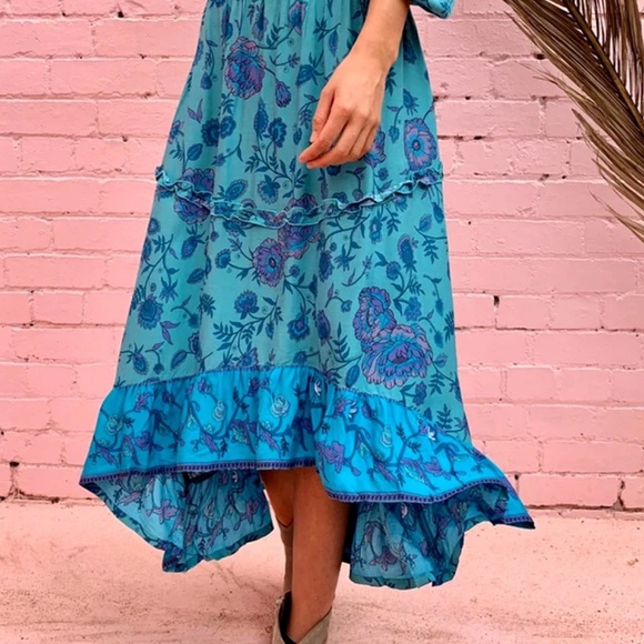 Boho Floral Gypsy Print Maxi Skirt Blue Ruffle - Picture 2 of 5